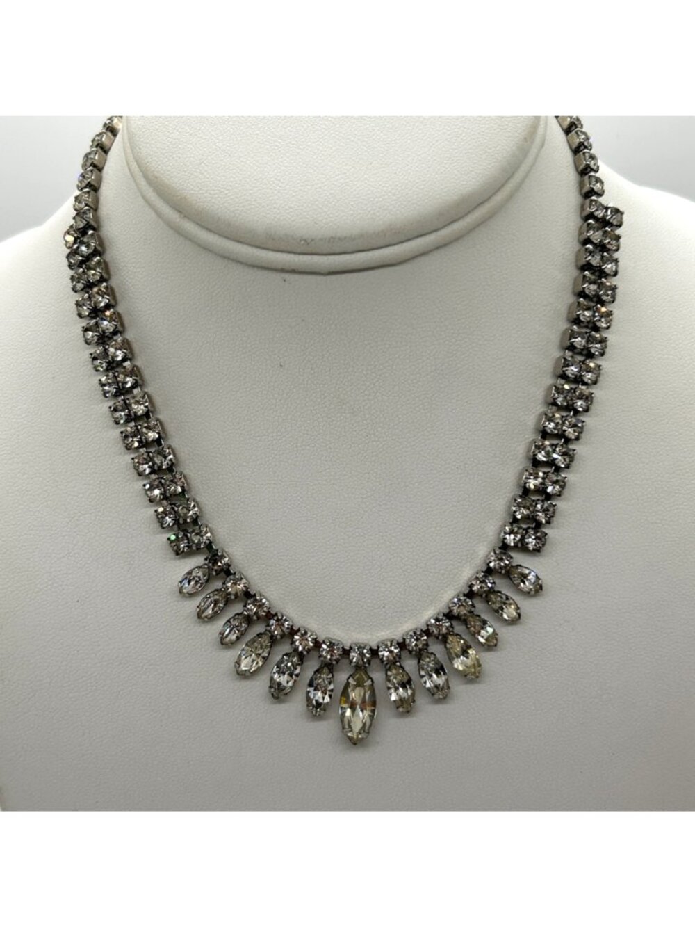 Vintage Silver Tone Clear Rhinestone Choker Necklace Teardrop Navette Marquise A - Picture 2 of 11